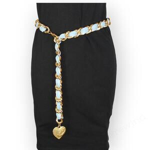 Vintage Ribbon Chain Belt Heart Charm Gold-Tone LightBlue